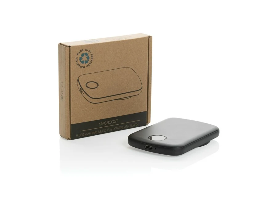 Czarny magnetyczny power bank 5000 mAh MagBoost z logo