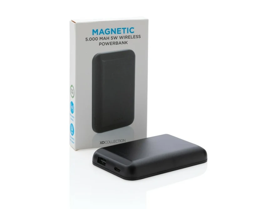 Magnetyczny power bank 5000 mAh czarny z logo firmy