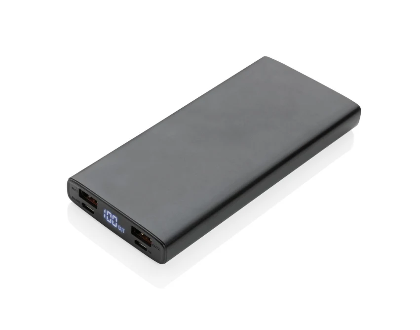 Czarny power bank 10000 mAh z logo, LED, szybkie ładowanie