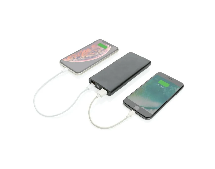 Czarny power bank 10000 mAh z logo, LED, szybkie ładowanie