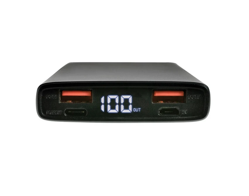 Czarny power bank 10000 mAh z logo, LED, szybkie ładowanie