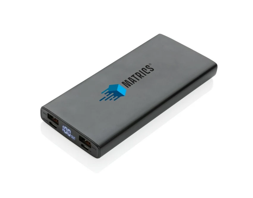 Czarny power bank 10000 mAh z logo, LED, szybkie ładowanie