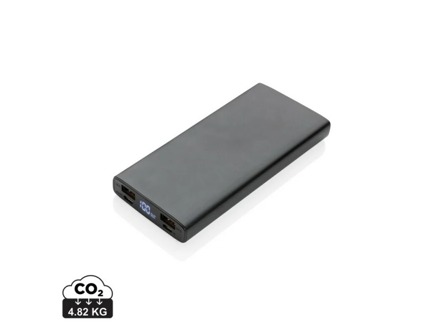 Czarny power bank 10000 mAh z logo, LED, szybkie ładowanie