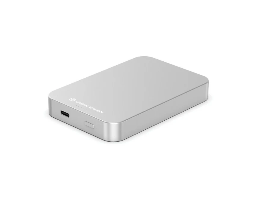 Srebrny power bank 10000 mAh Urban Vitamin z logo RABS