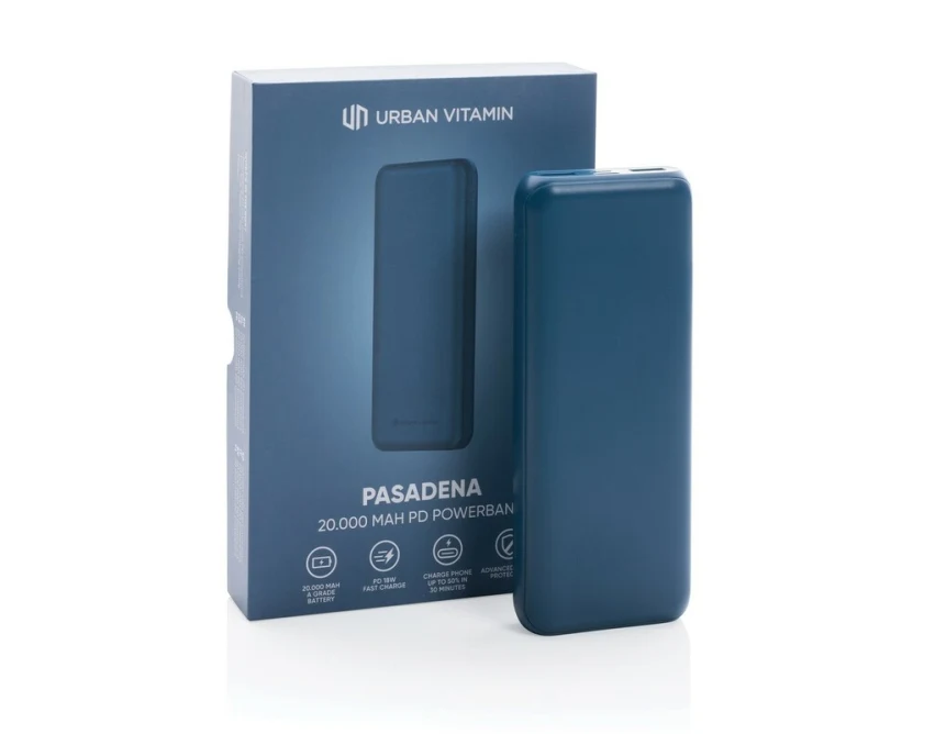 Niebieski power bank 20000 mAh Urban Vitamin z logo firmy