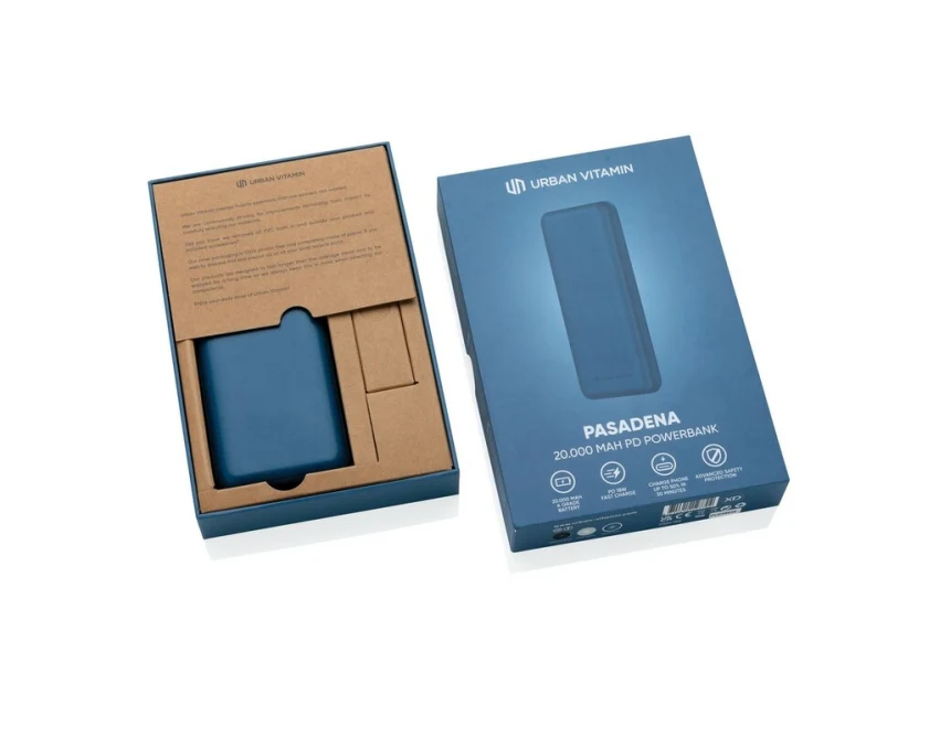 Niebieski power bank 20000 mAh Urban Vitamin z logo firmy