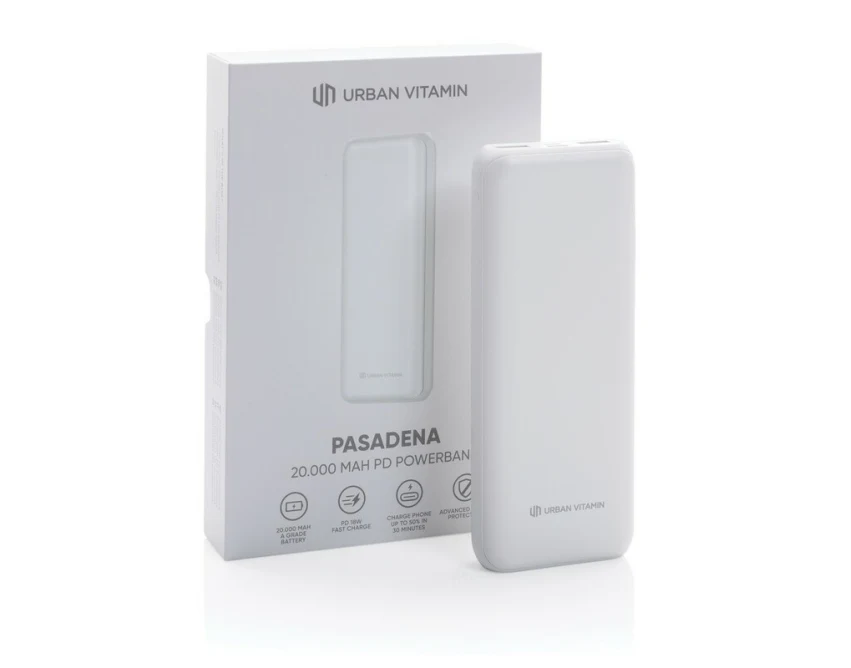 Biały power bank 20000 mAh z logo – Urban Vitamin, bez PVC