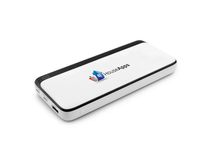 Biały power bank 10000 mAh z logo i wyświetlaczem USB-C/A