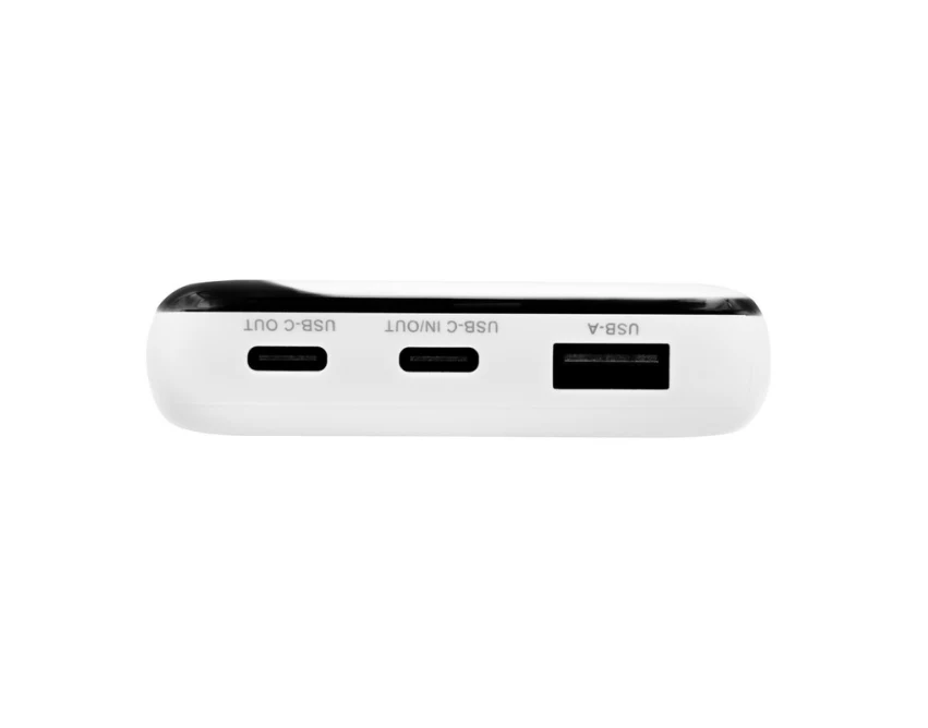 Biały power bank 10000 mAh z logo i wyświetlaczem USB-C/A