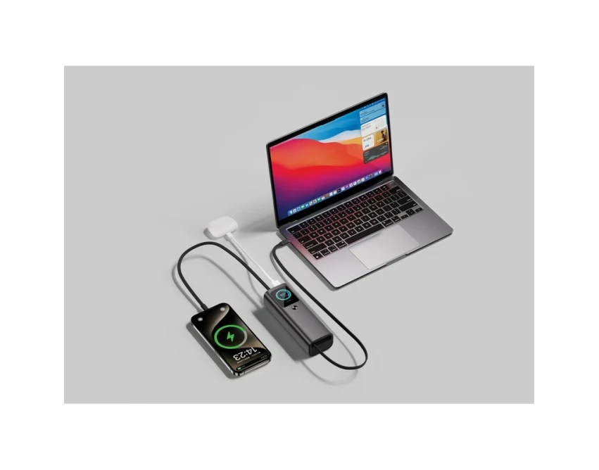 Powerbank 20000 mAh szary z logo, ekran TFT, aluminium eco