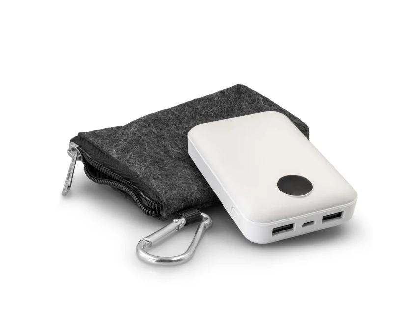 Biały power bank 10000 mAh z logo i etui filcowym