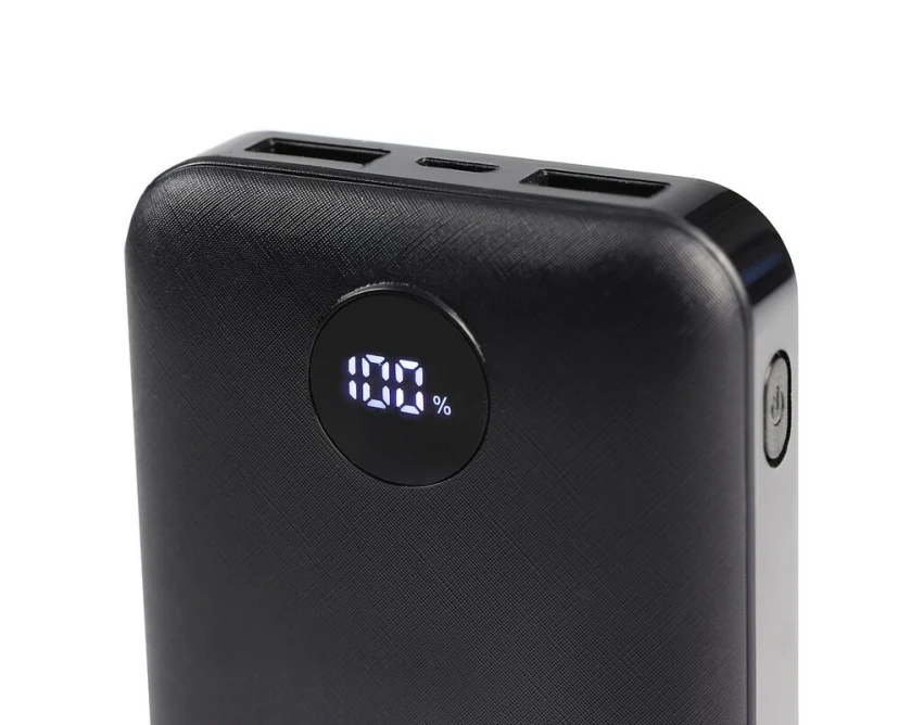 Czarny power bank 10000 mAh z etui i logo – Air Gifts Daniel