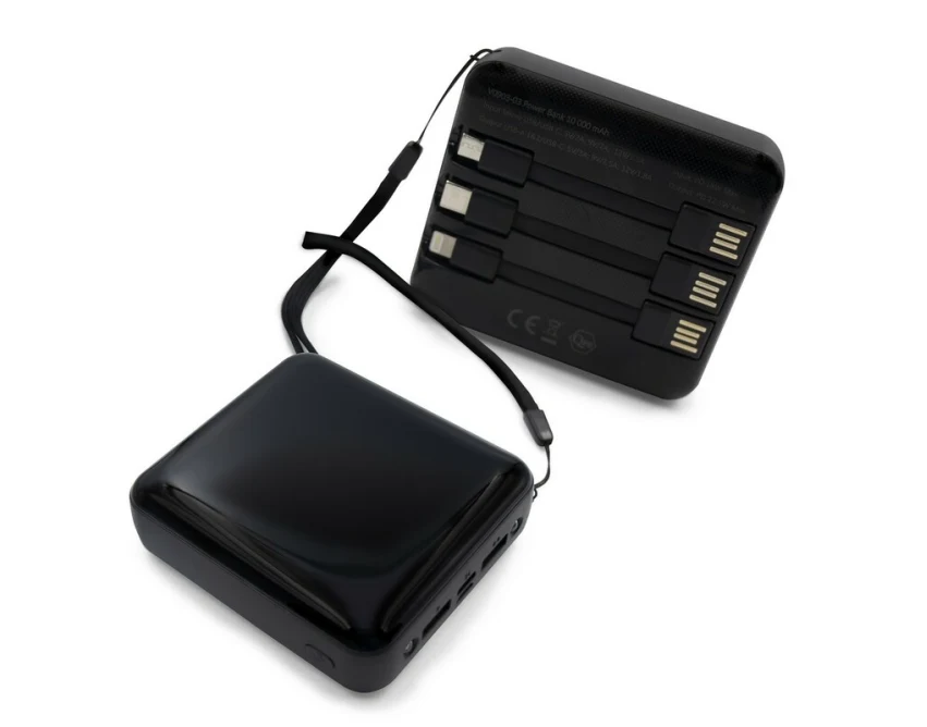 Power bank 10000 mAh czarny z logo, 3 kable, LED, ABS