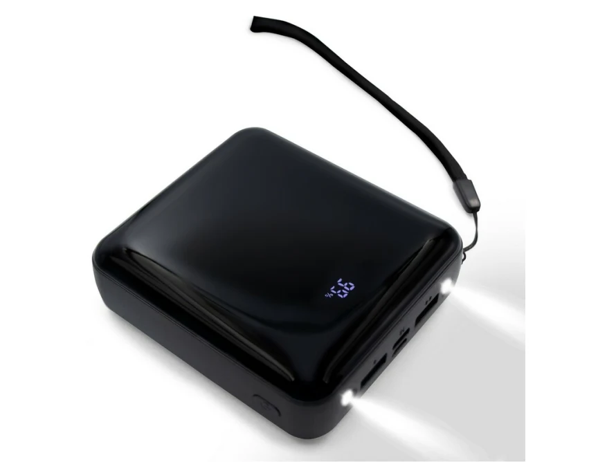 Power bank 10000 mAh czarny z logo, 3 kable, LED, ABS