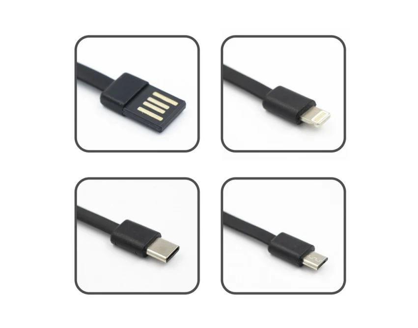 Power bank 10000 mAh czarny z logo, 3 kable, LED, ABS