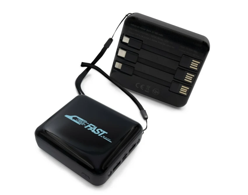 Power bank 10000 mAh czarny z logo, 3 kable, LED, ABS