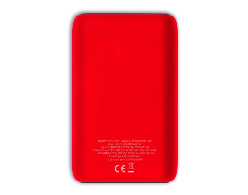 Power bank firmowy 10000 mAh czerwony z logo USB-C 20W
