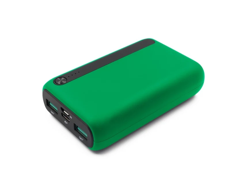 Zielony power bank 10000 mAh z logo, gumowana obudowa
