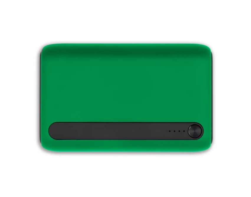 Zielony power bank 10000 mAh z logo, gumowana obudowa