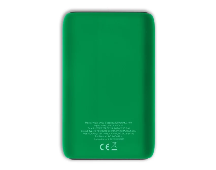 Zielony power bank 10000 mAh z logo, gumowana obudowa