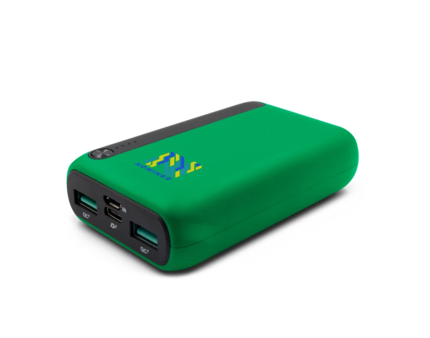 Zielony power bank 10000 mAh z logo, gumowana obudowa