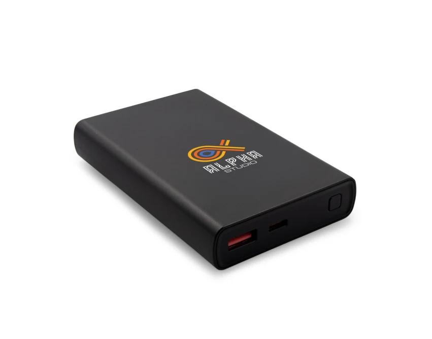 Czarny power bank 10000 mAh z logo – szybkie ładowanie USB-C