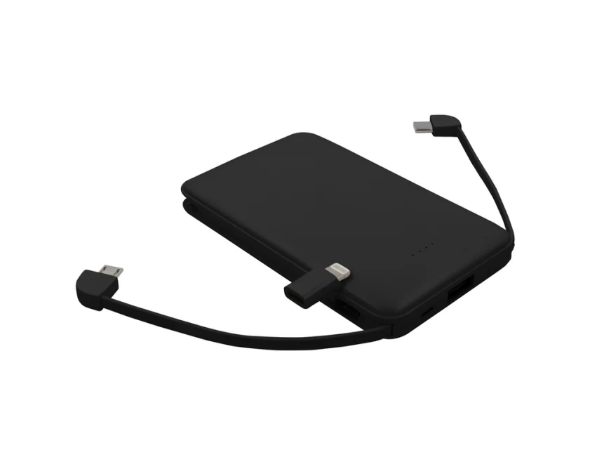 Czarny power bank reklamowy 5000 mAh z kablami i adapterem
