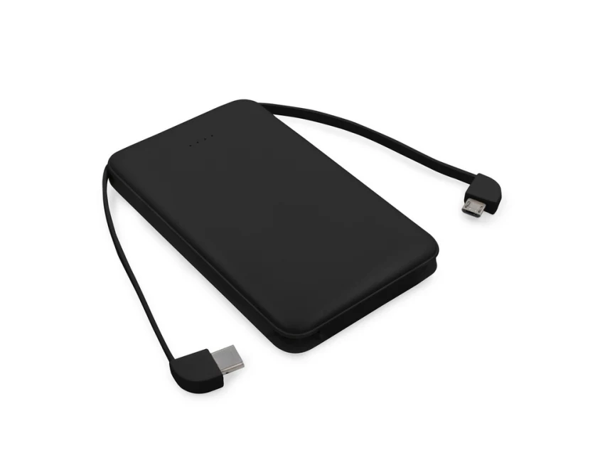 Czarny power bank reklamowy 5000 mAh z kablami i adapterem