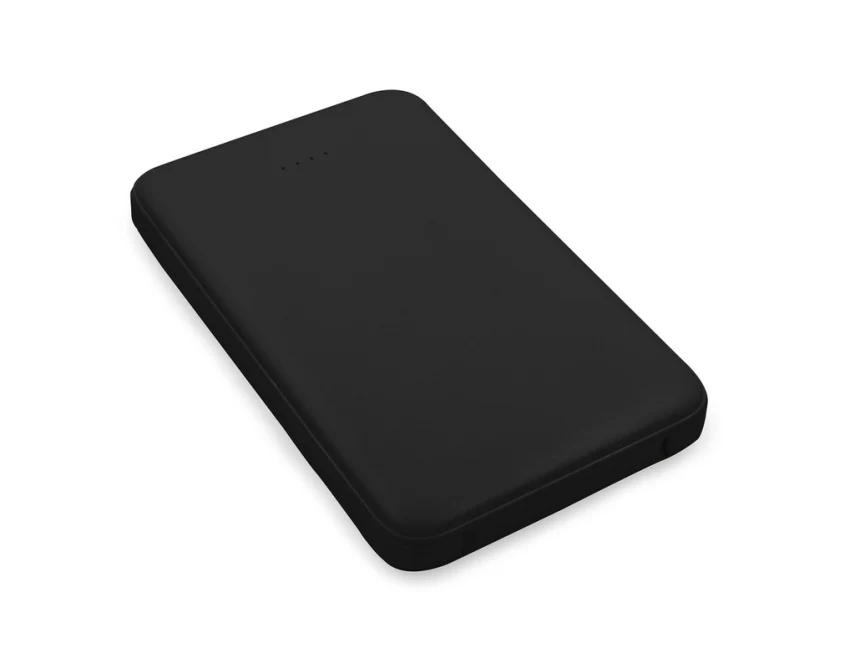 Czarny power bank reklamowy 5000 mAh z kablami i adapterem