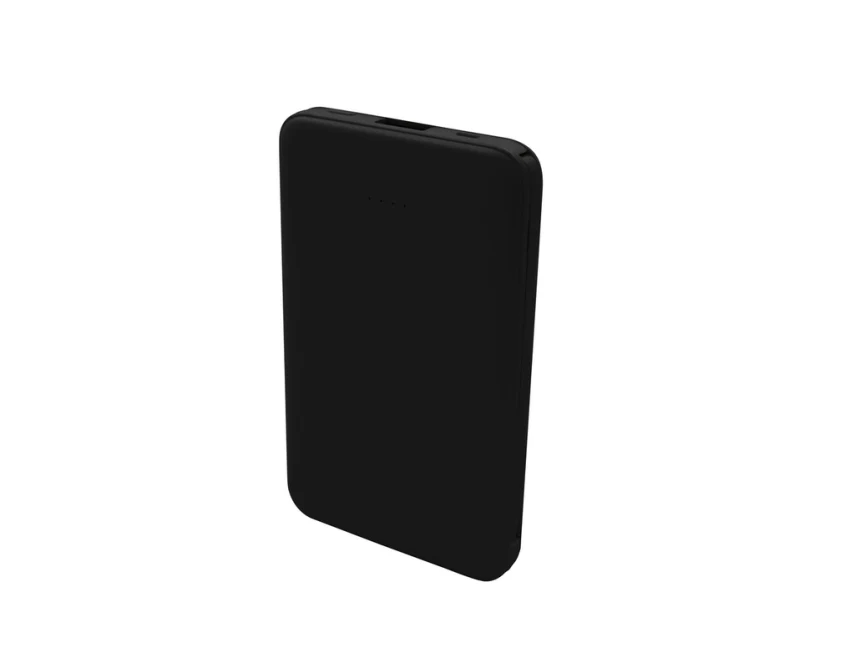 Czarny power bank reklamowy 5000 mAh z kablami i adapterem