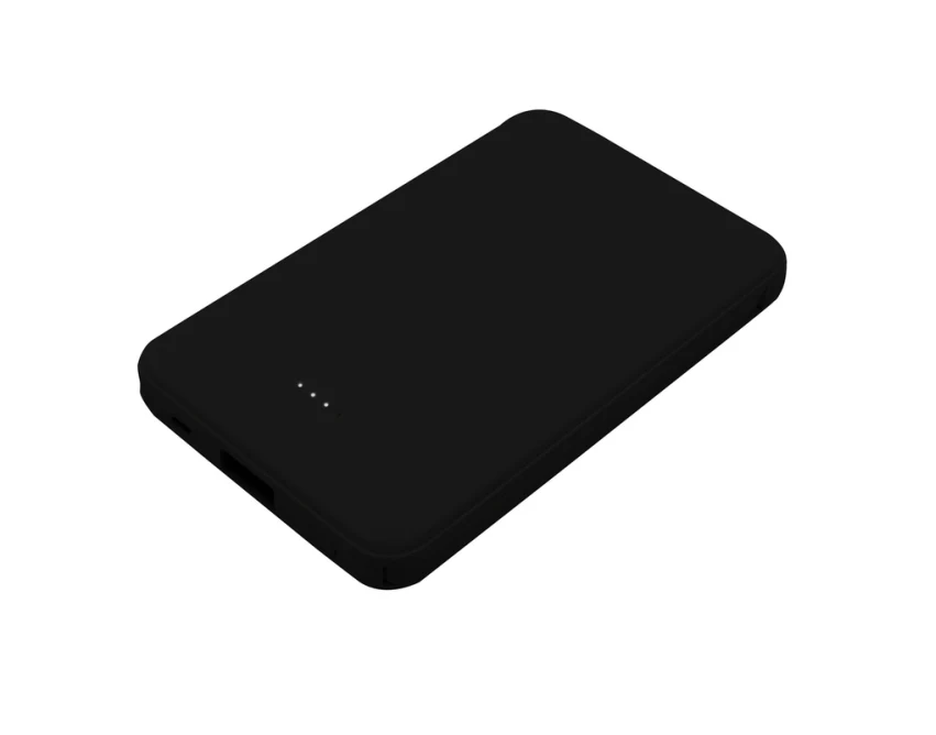 Czarny power bank reklamowy 5000 mAh z kablami i adapterem