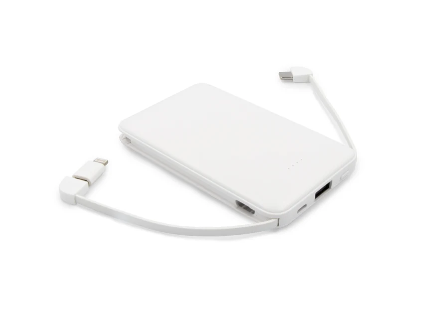 Biały powerbank 5000 mAh z kablami i nadrukiem logo