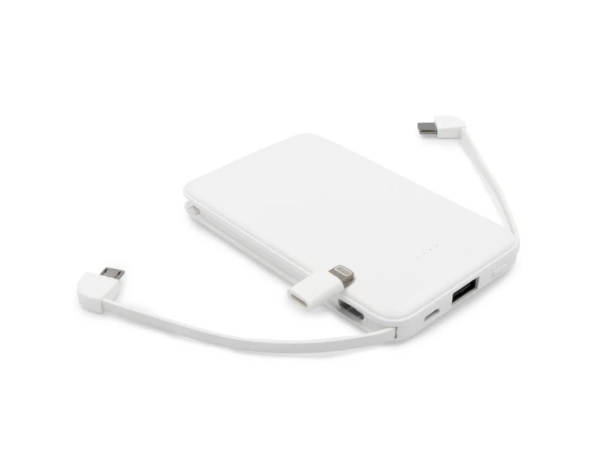 Biały powerbank 5000 mAh z kablami i nadrukiem logo