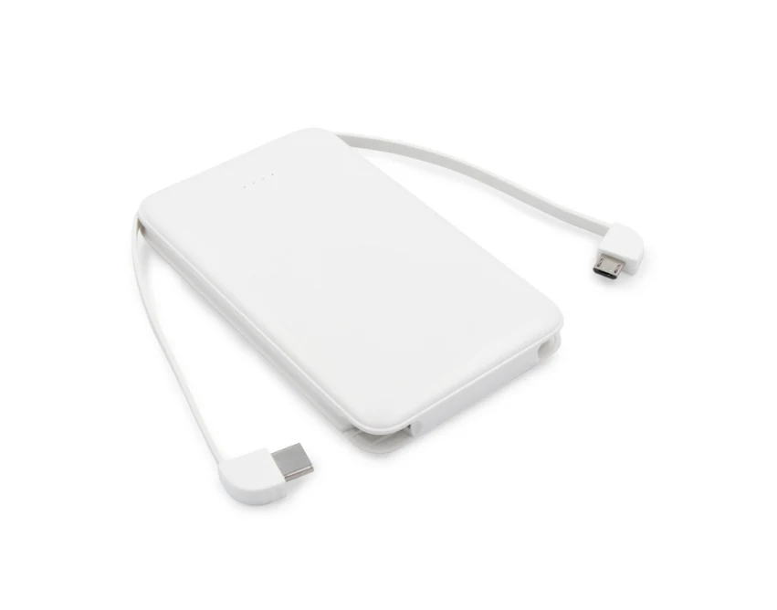 Biały powerbank 5000 mAh z kablami i nadrukiem logo