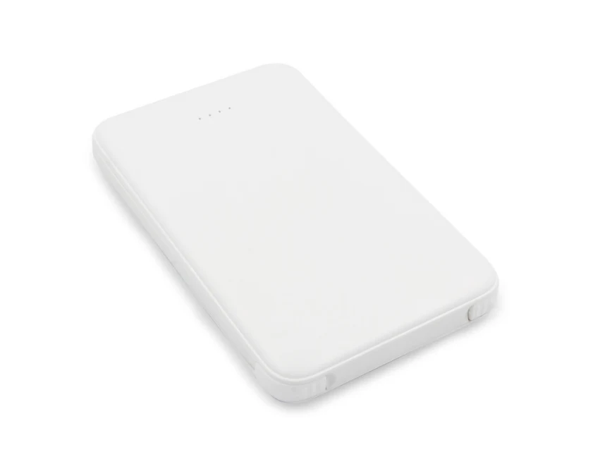 Biały powerbank 5000 mAh z kablami i nadrukiem logo