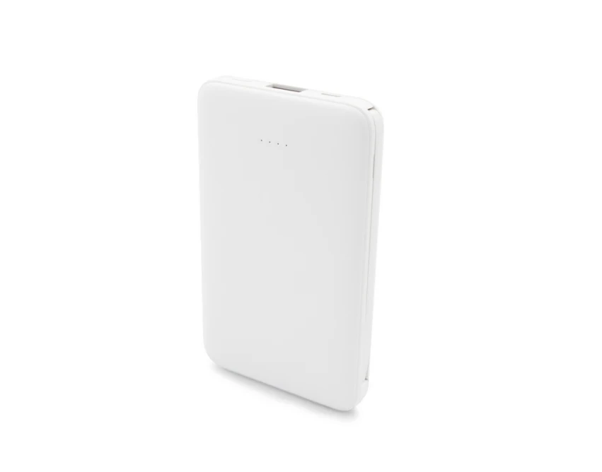 Biały powerbank 5000 mAh z kablami i nadrukiem logo