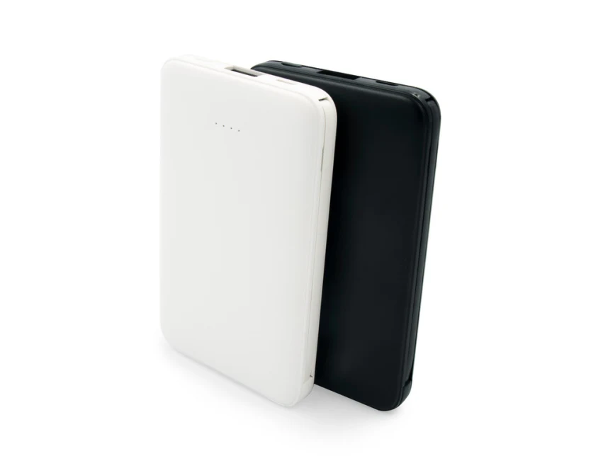 Biały powerbank 5000 mAh z kablami i nadrukiem logo