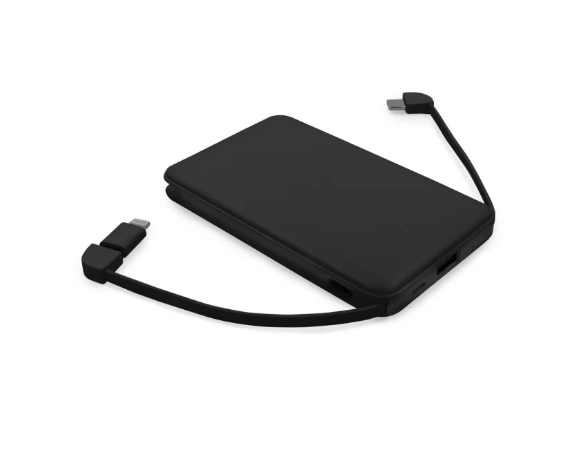 Czarny power bank reklamowy 5000 mAh z kablami i adapterem