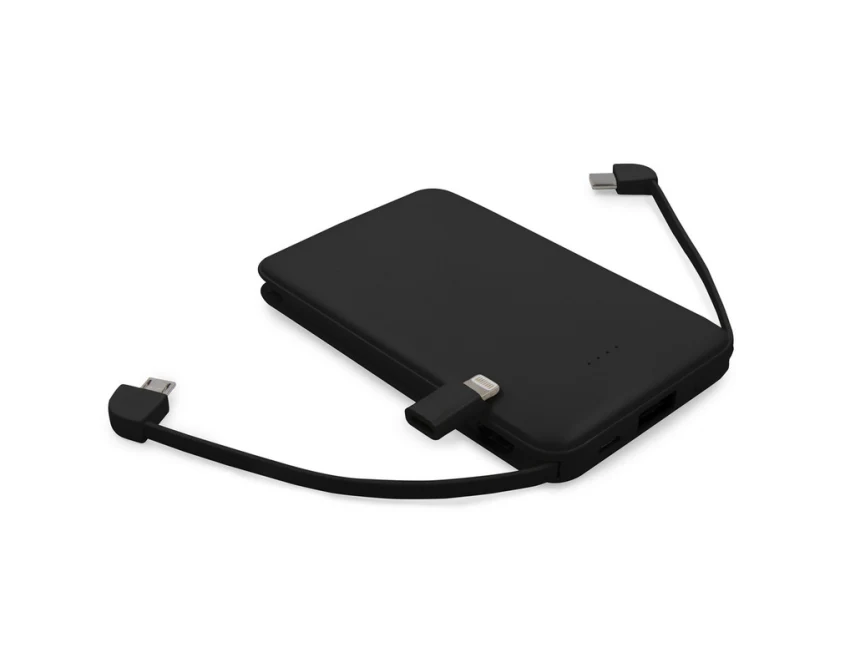 Czarny power bank reklamowy 5000 mAh z kablami i adapterem