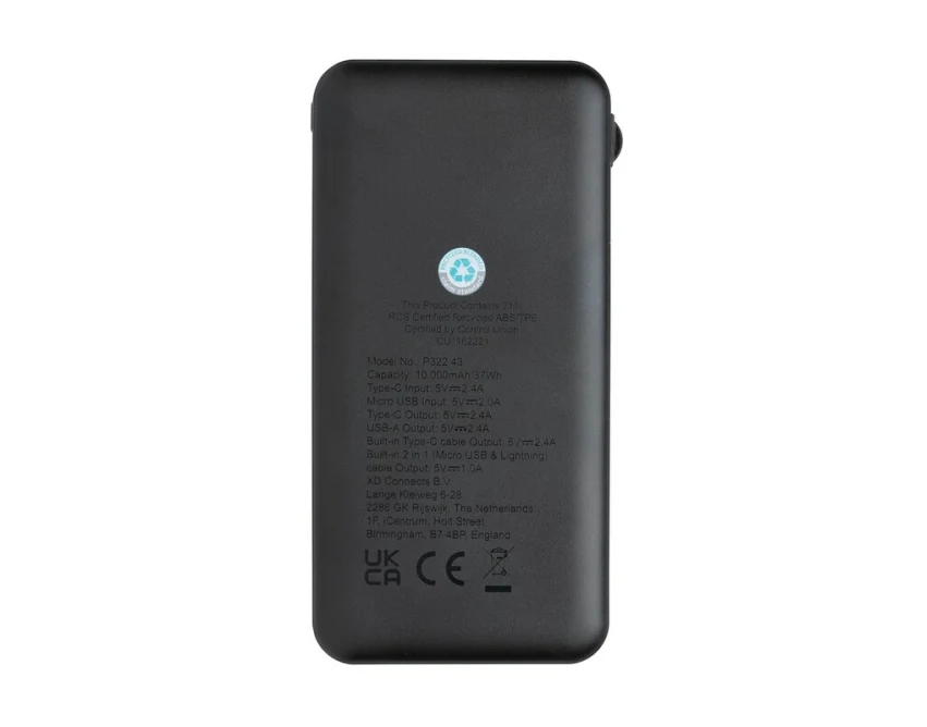 Czarny power bank 10000 mAh Lockhart z kablami i logo