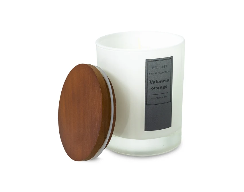Biała świeca zapachowa Imola z logo, drewno, Valencia Orange