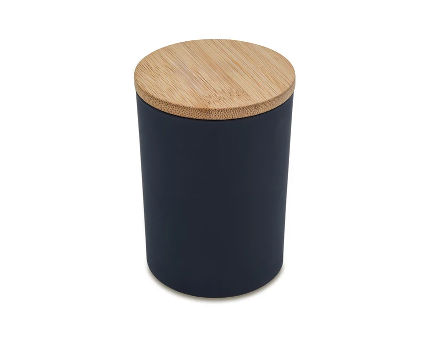 Granatowa świeca Somonte z logo firmy, bambusowe wieczko 140g