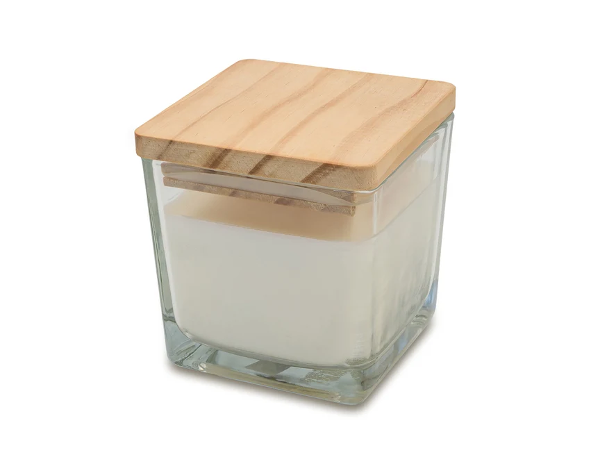 Beżowa świeca Alize 200g z logo w szkle i drewnie