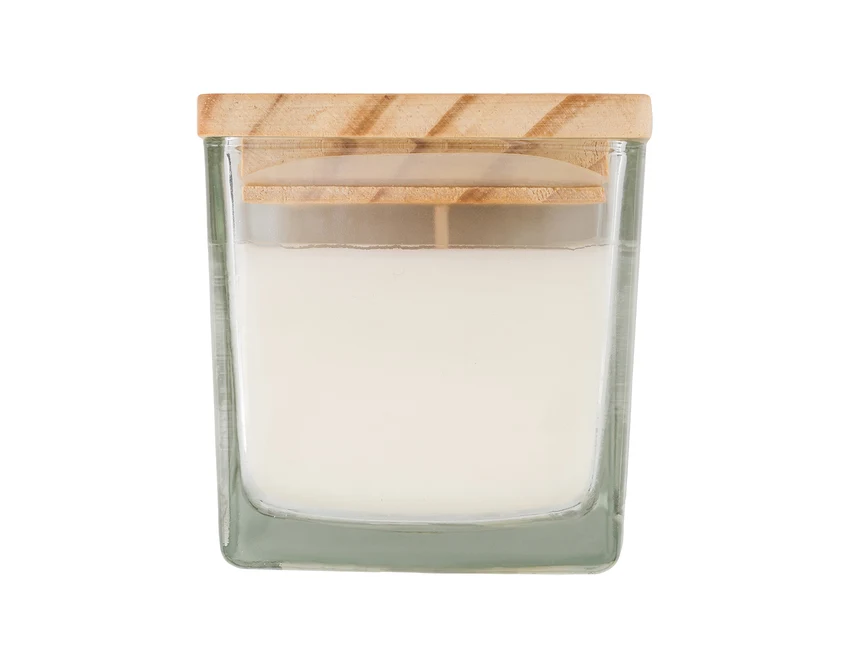 Beżowa świeca Alize 200g z logo w szkle i drewnie