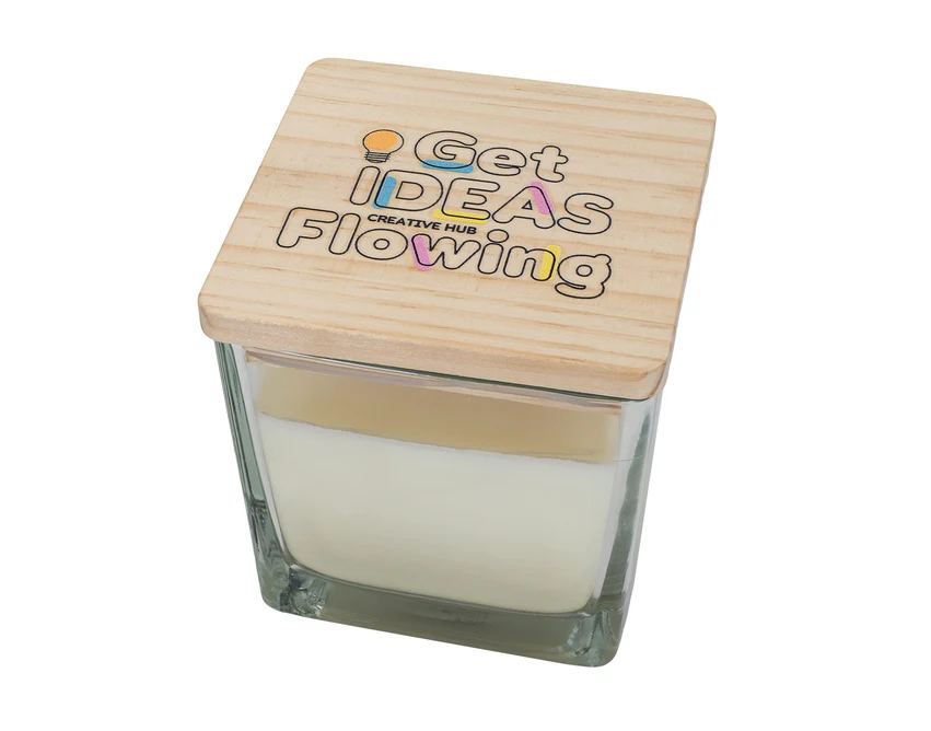 Beżowa świeca Alize 200g z logo w szkle i drewnie