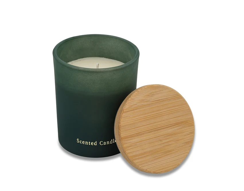 Świeca z logo firmy, zielone matowe szkło, zapach jaśminu