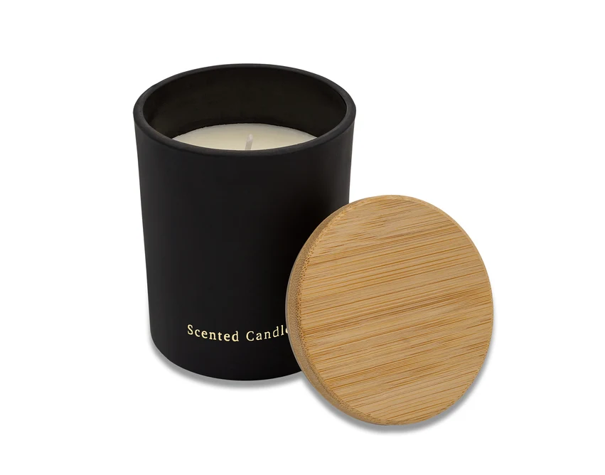 Czarna świeca Somonte z logo – jaśmin, bambusowe wieczko, 140g