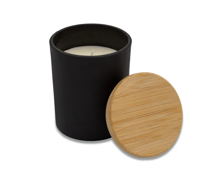 Czarna świeca Somonte z logo – jaśmin, bambusowe wieczko, 140g