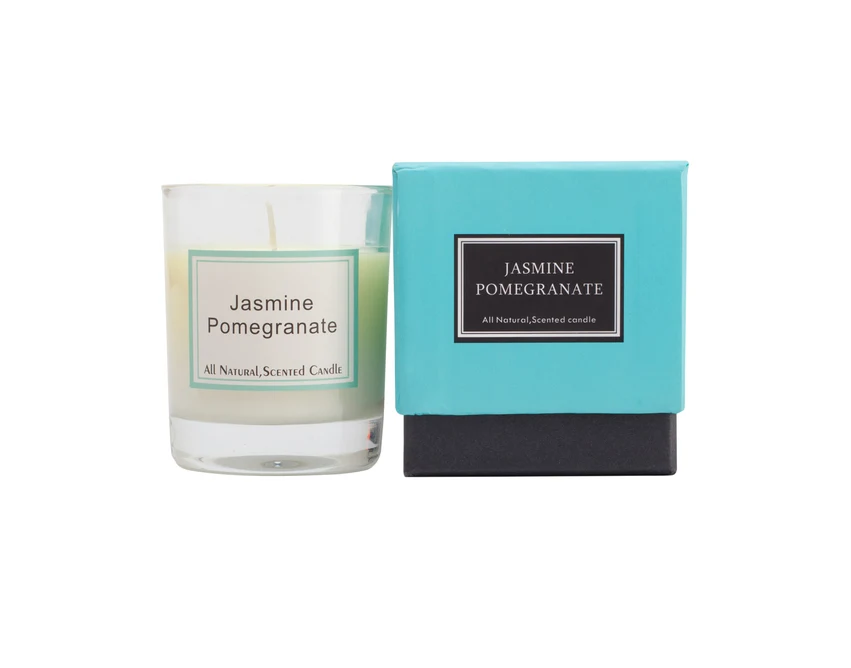 Świeca jaśmin-granat 125g w szkle z logo, niebieska