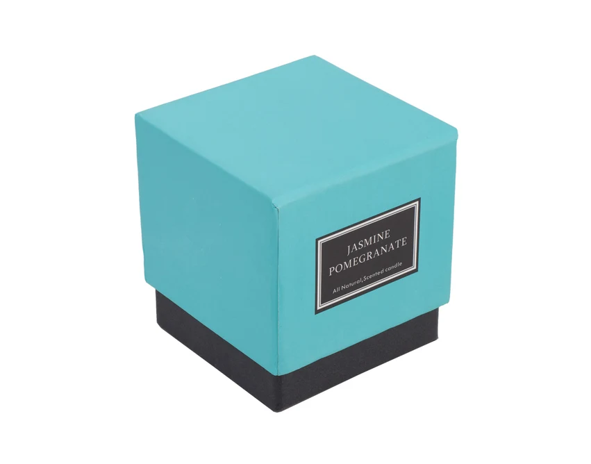 Świeca jaśmin-granat 125g w szkle z logo, niebieska